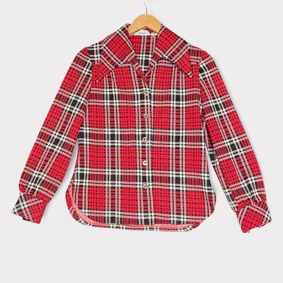 vtg womens Judy Way red plaid wide collar‎ button blouse XS-S - Picture 3 of 10